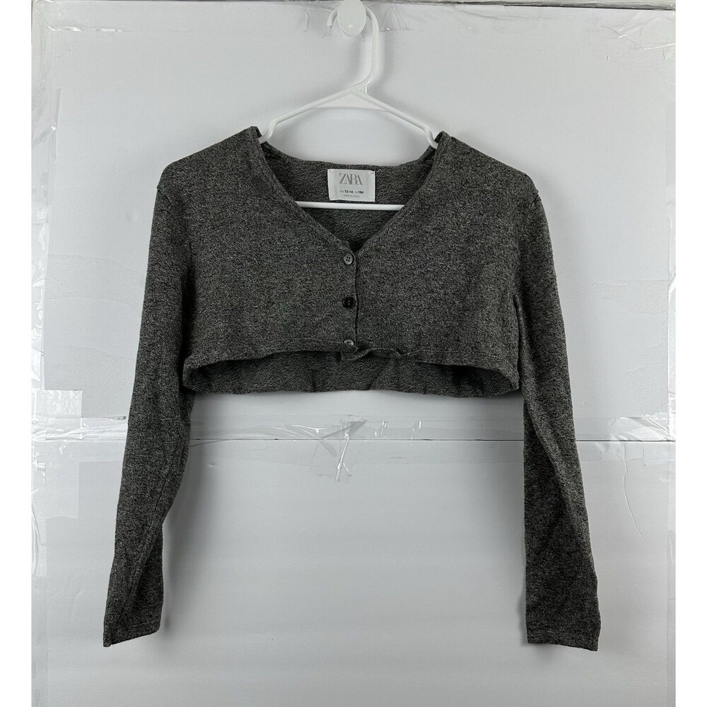 Zara Girls Cropped Cardigan Gray Knit Button Front Size 13-14 (164)